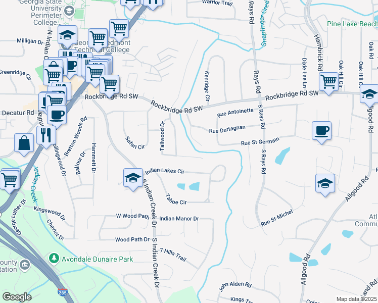 map of restaurants, bars, coffee shops, grocery stores, and more near 570 Tallwood Drive in Stone Mountain