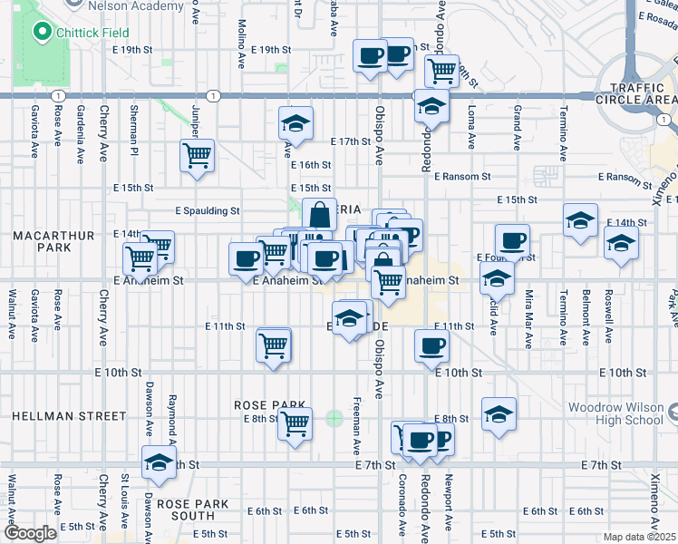 map of restaurants, bars, coffee shops, grocery stores, and more near 3001 East Anaheim Street in Long Beach