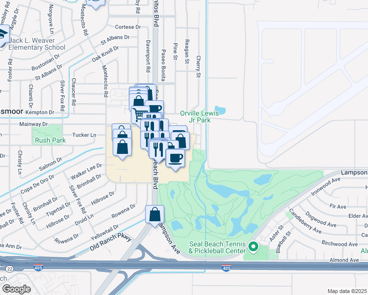 map of restaurants, bars, coffee shops, grocery stores, and more near 12300 Seal Beach Boulevard in Seal Beach