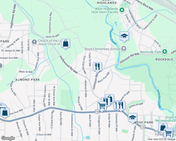 map of restaurants, bars, coffee shops, grocery stores, and more near 2090 Hollywood Drive Northwest in Atlanta