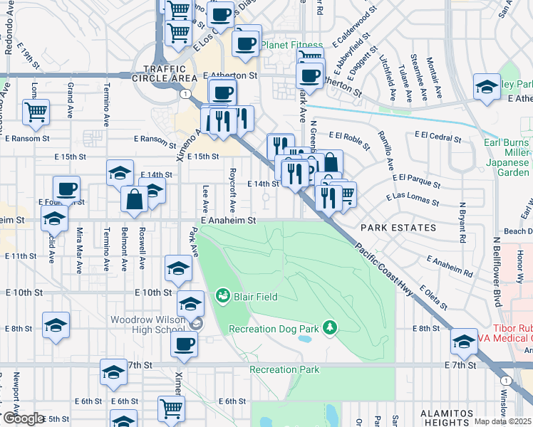 map of restaurants, bars, coffee shops, grocery stores, and more near 4835 East Anaheim Street in Long Beach