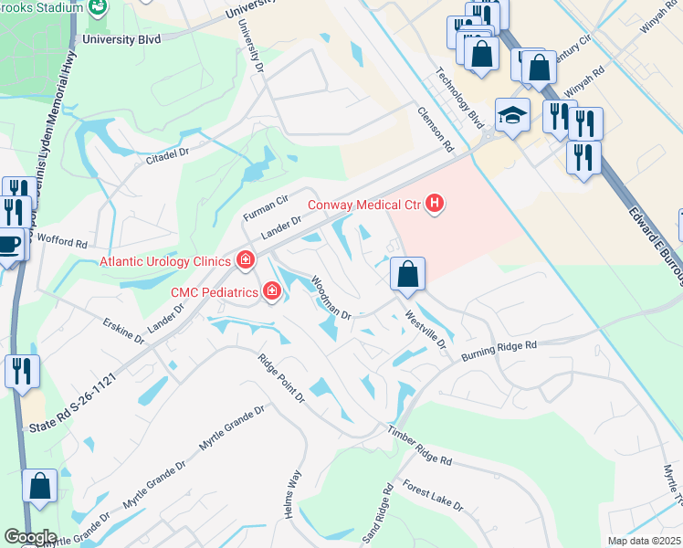 map of restaurants, bars, coffee shops, grocery stores, and more near 360 Myrtle Greens Drive in Conway