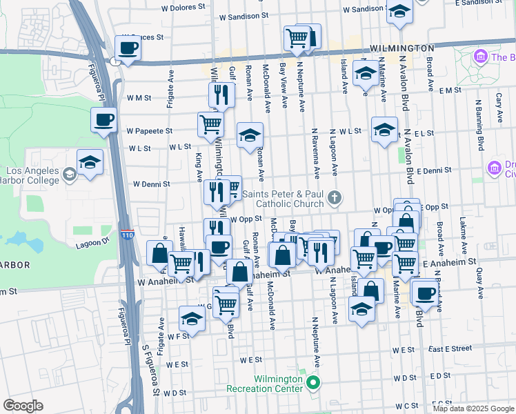 map of restaurants, bars, coffee shops, grocery stores, and more near 1017 Ronan Avenue in Los Angeles