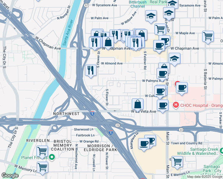 map of restaurants, bars, coffee shops, grocery stores, and more near 2100 West Palmyra Avenue in Orange
