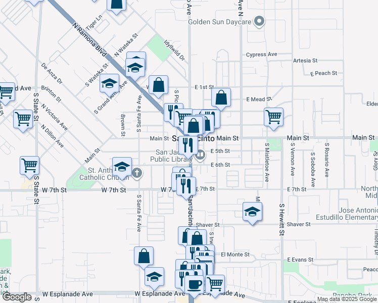 map of restaurants, bars, coffee shops, grocery stores, and more near 406 West 5th Street in San Jacinto