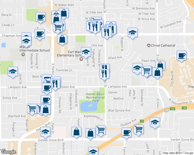 map of restaurants, bars, coffee shops, grocery stores, and more near 12413 Firebrand Street in Garden Grove