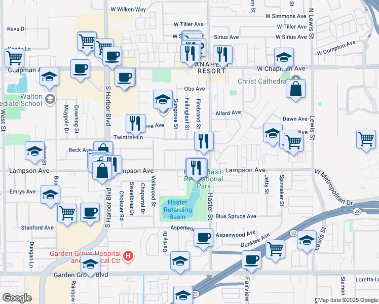 map of restaurants, bars, coffee shops, grocery stores, and more near 12414 Fallingleaf Street in Garden Grove