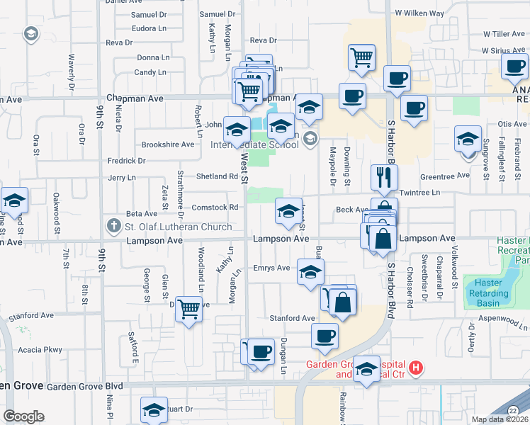 map of restaurants, bars, coffee shops, grocery stores, and more near 12392 Merrill Street in Garden Grove
