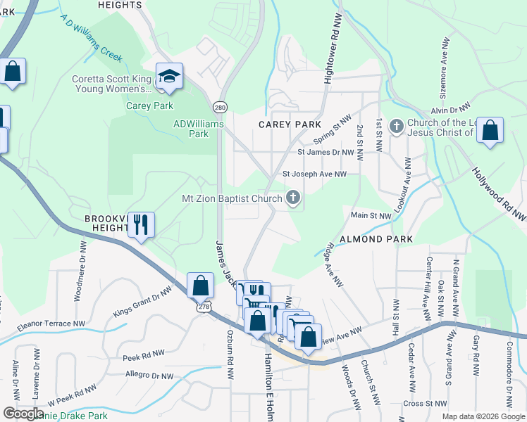 map of restaurants, bars, coffee shops, grocery stores, and more near 1161 Clark Street Northwest in Atlanta