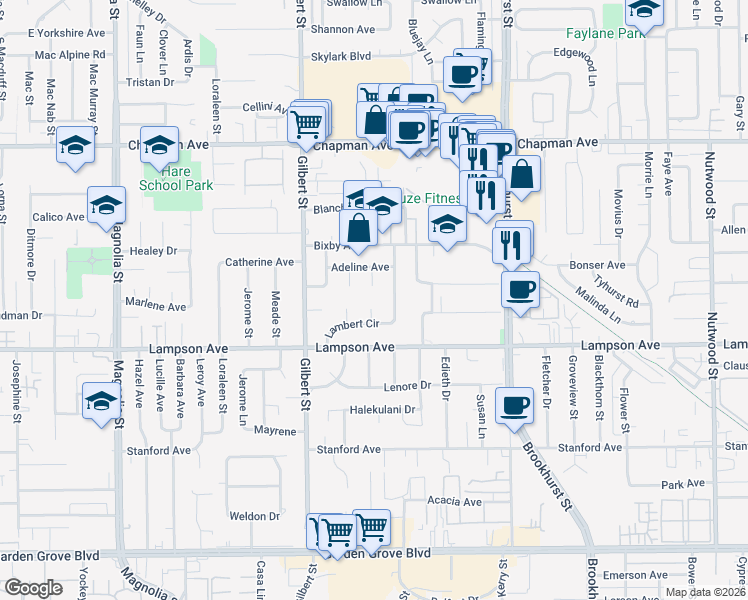 map of restaurants, bars, coffee shops, grocery stores, and more near 12382 Janet Circle in Garden Grove