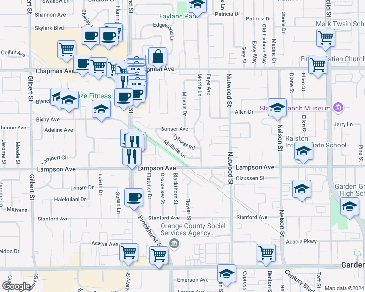map of restaurants, bars, coffee shops, grocery stores, and more near 10242 Tyhurst Road in Garden Grove