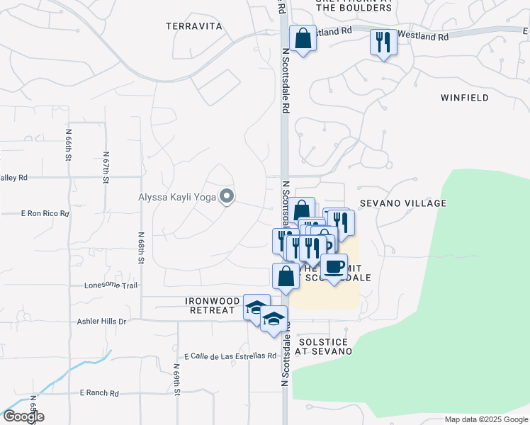 map of restaurants, bars, coffee shops, grocery stores, and more near 7111 East Sienna Bouquet Place in Scottsdale