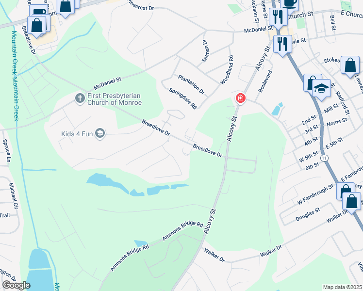 map of restaurants, bars, coffee shops, grocery stores, and more near 700 Breedlove Drive in Monroe