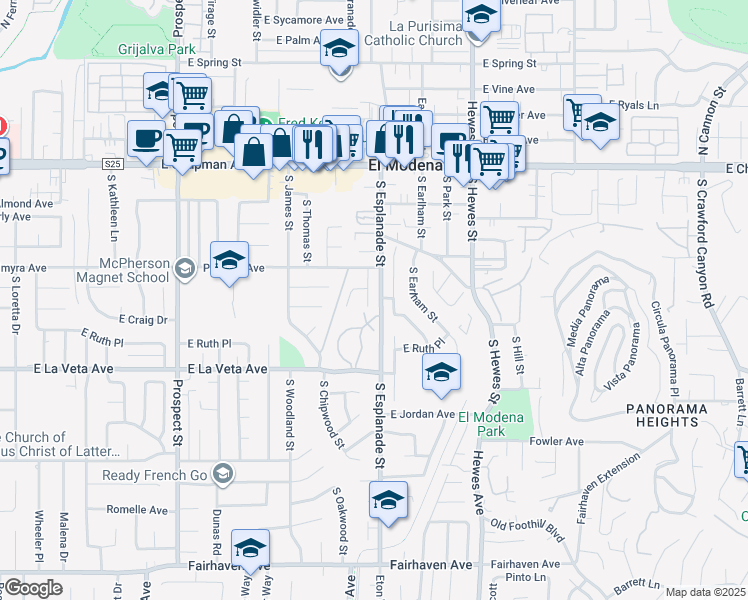 map of restaurants, bars, coffee shops, grocery stores, and more near 365 South Heatherstone Street in Orange