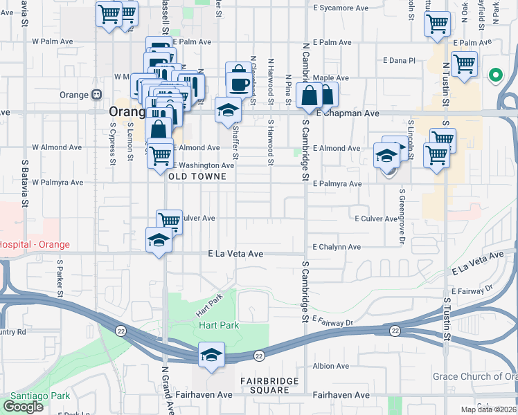 map of restaurants, bars, coffee shops, grocery stores, and more near 562 East Van Bibber Avenue in Orange