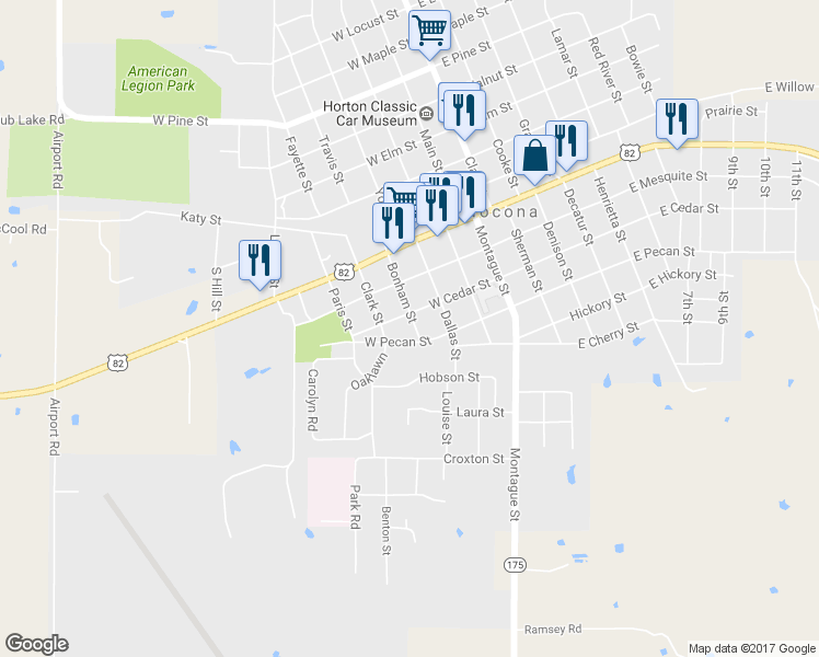 map of restaurants, bars, coffee shops, grocery stores, and more near 304 Bonham Street in Nocona