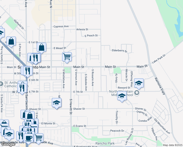 map of restaurants, bars, coffee shops, grocery stores, and more near 476 South Rosario Avenue in San Jacinto