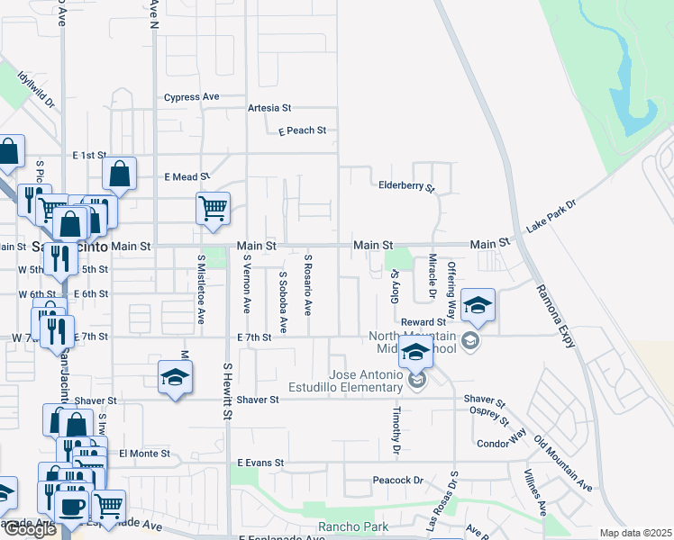 map of restaurants, bars, coffee shops, grocery stores, and more near 476 Camino Los Banos in San Jacinto