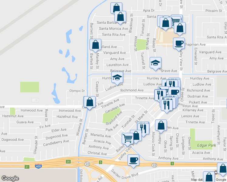 map of restaurants, bars, coffee shops, grocery stores, and more near 5431 Richmond Avenue in Garden Grove