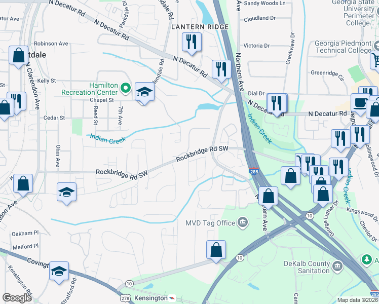 map of restaurants, bars, coffee shops, grocery stores, and more near 391 Wilfawn Way in Avondale Estates