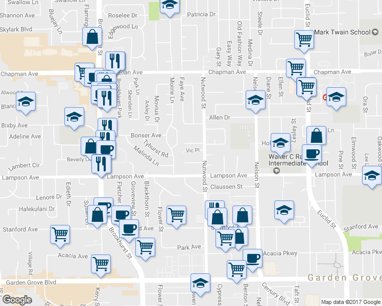 map of restaurants, bars, coffee shops, grocery stores, and more near 10412 Vic Place in Garden Grove