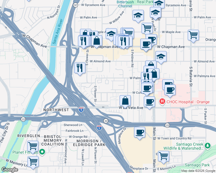 map of restaurants, bars, coffee shops, grocery stores, and more near 2005 West Culver Avenue in Orange