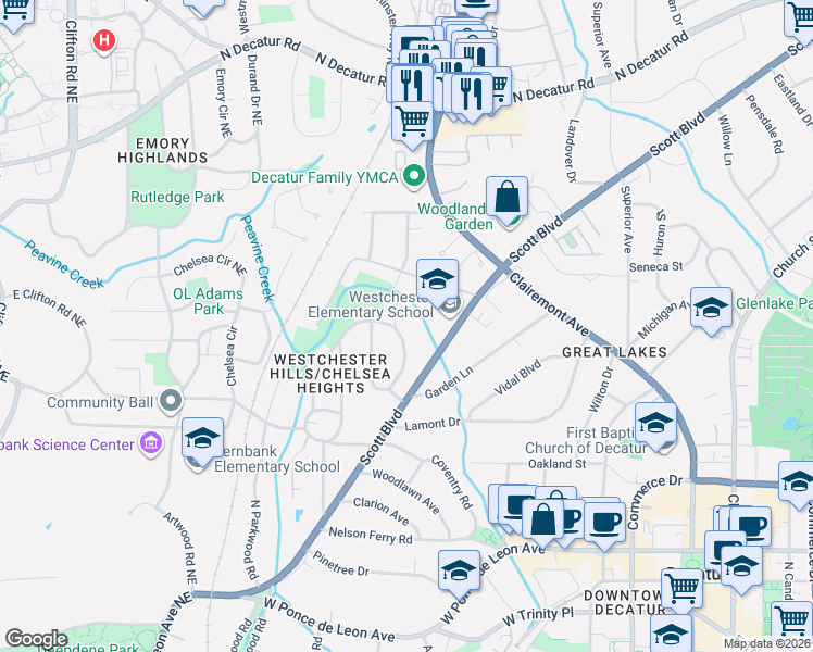 map of restaurants, bars, coffee shops, grocery stores, and more near 148 Mockingbird Ln in Decatur