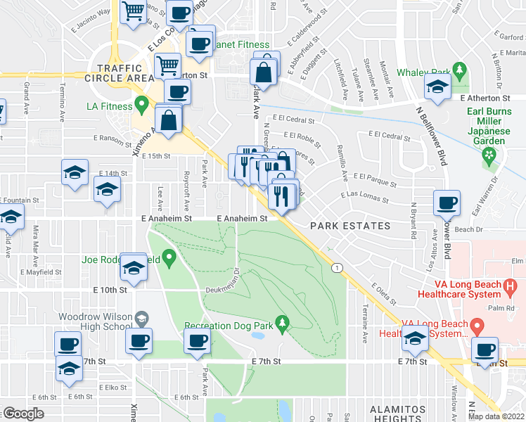 map of restaurants, bars, coffee shops, grocery stores, and more near 5150 Pacific Coast Highway in Long Beach