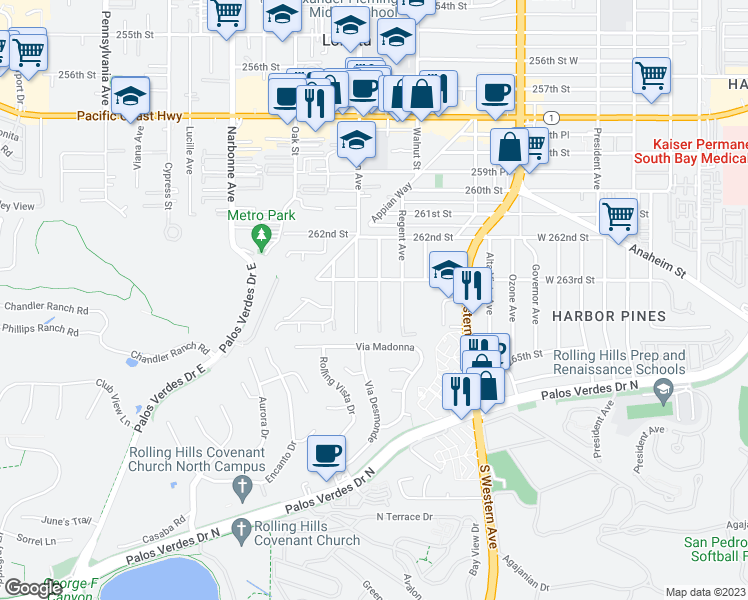 map of restaurants, bars, coffee shops, grocery stores, and more near 26321 Monte Vista Avenue in Lomita