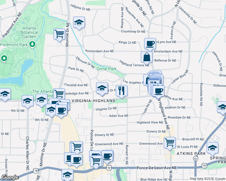map of restaurants, bars, coffee shops, grocery stores, and more near 833 Clemont Drive Northeast in Atlanta