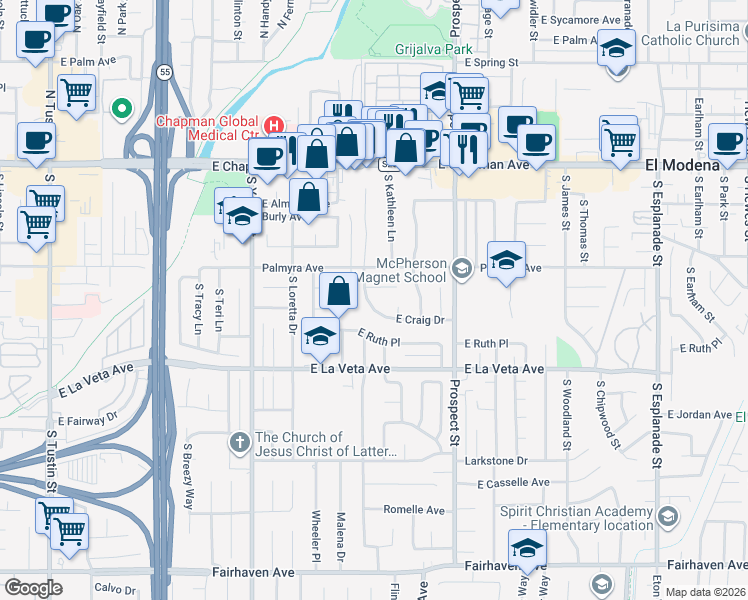map of restaurants, bars, coffee shops, grocery stores, and more near 363 East Craig Drive in Orange