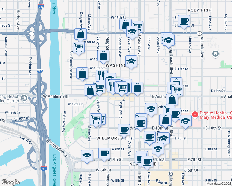 map of restaurants, bars, coffee shops, grocery stores, and more near 435 West Anaheim Street in Long Beach