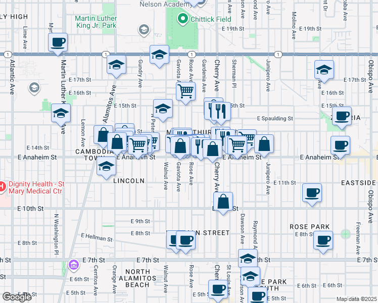 map of restaurants, bars, coffee shops, grocery stores, and more near 1735 East Anaheim Street in Long Beach