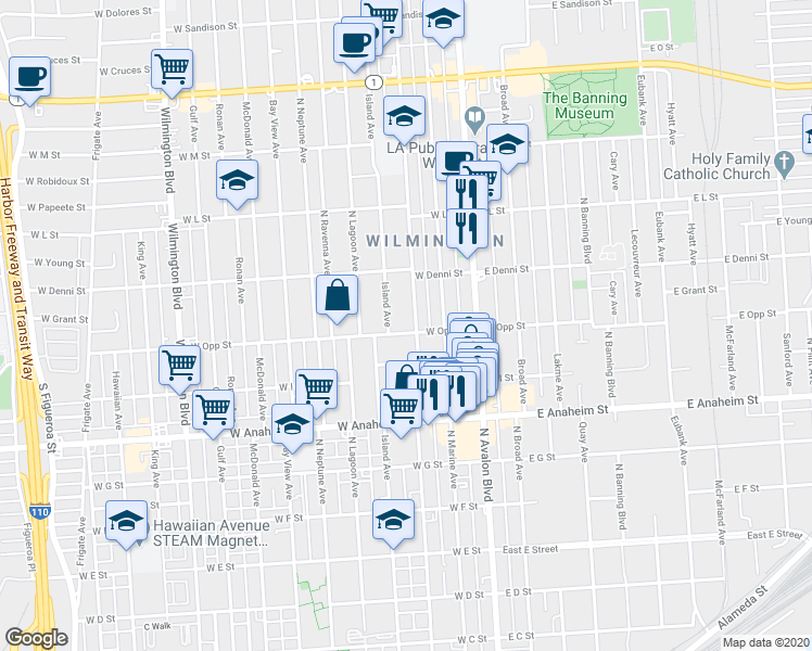 map of restaurants, bars, coffee shops, grocery stores, and more near 309 West Opp Street in Los Angeles