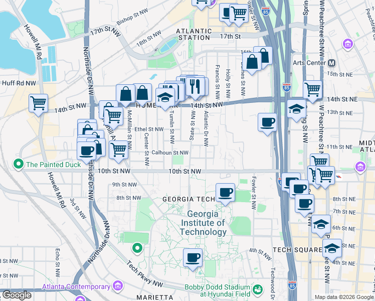 map of restaurants, bars, coffee shops, grocery stores, and more near 1031 State Street Northwest in Atlanta