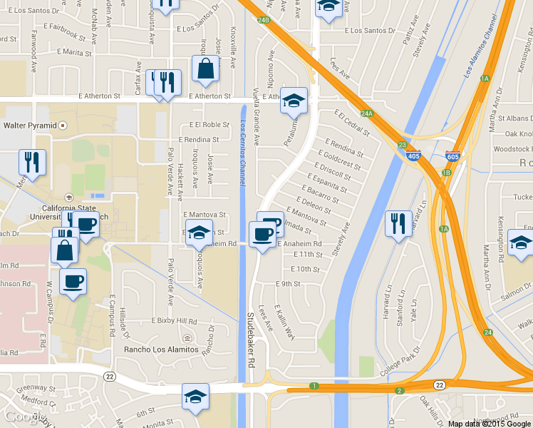 map of restaurants, bars, coffee shops, grocery stores, and more near E El Jardin St & Almada St in Long Beach