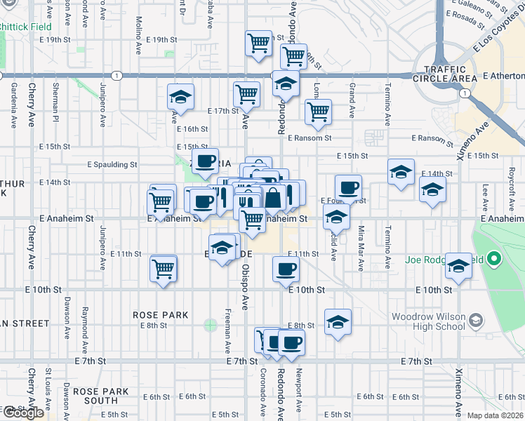 map of restaurants, bars, coffee shops, grocery stores, and more near 1325 Coronado Avenue in Long Beach