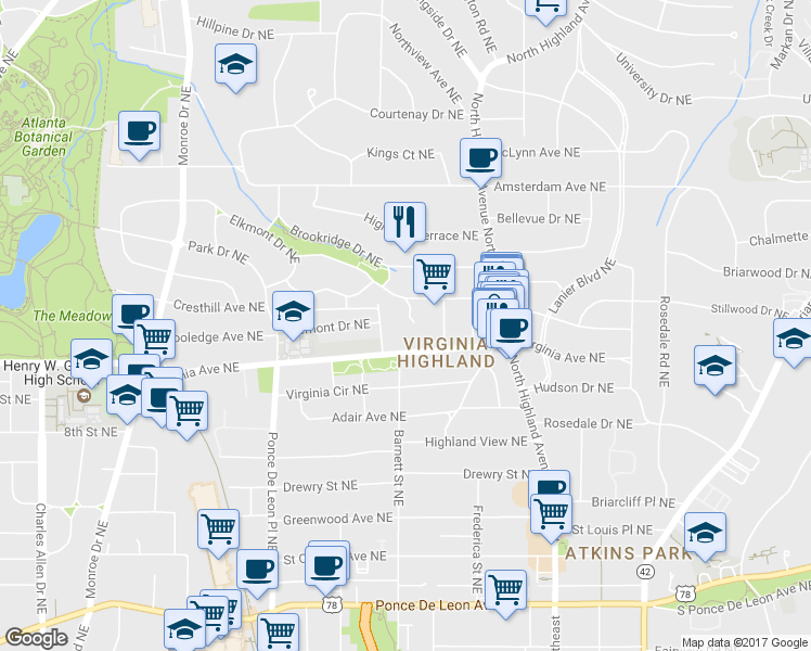 map of restaurants, bars, coffee shops, grocery stores, and more near 1032 Elizabeth Ct NE in Atlanta