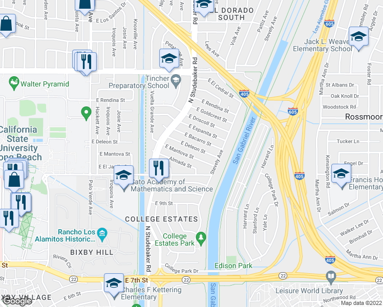 map of restaurants, bars, coffee shops, grocery stores, and more near 6821 East Mantova Street in Long Beach