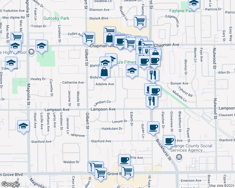 map of restaurants, bars, coffee shops, grocery stores, and more near 12372 Lambert Circle in Garden Grove