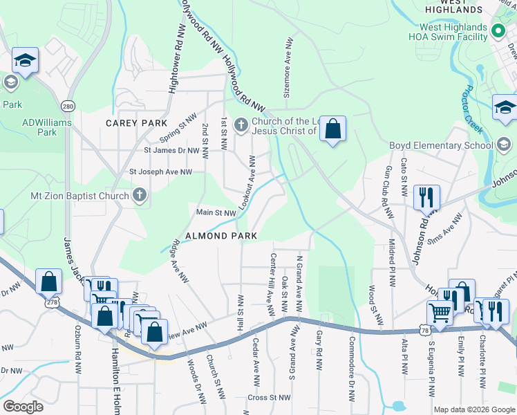 map of restaurants, bars, coffee shops, grocery stores, and more near 1038 Ada Avenue Northwest in Atlanta