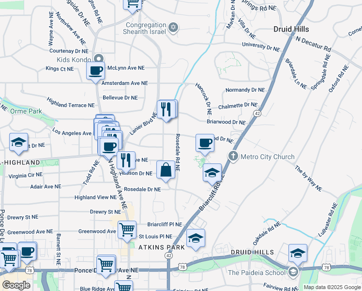 map of restaurants, bars, coffee shops, grocery stores, and more near 1039 Rosedale Road Northeast in Atlanta
