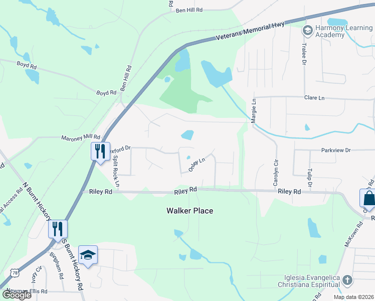 map of restaurants, bars, coffee shops, grocery stores, and more near 834 Longbranch Lane in Douglasville