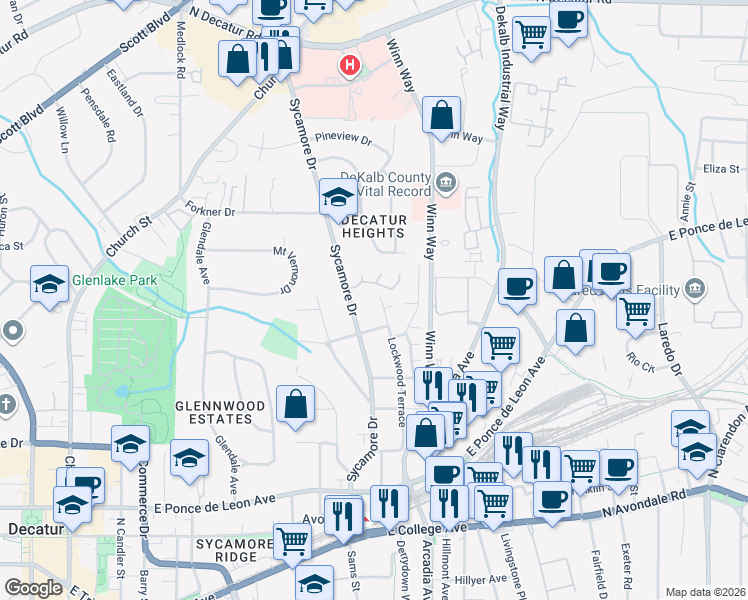 map of restaurants, bars, coffee shops, grocery stores, and more near 428 Lockwood Terrace in Decatur