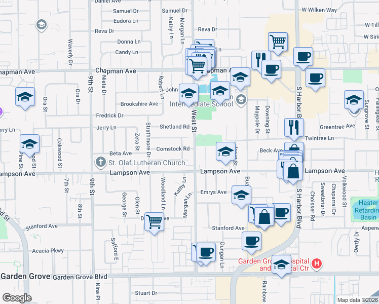 map of restaurants, bars, coffee shops, grocery stores, and more near 11962 Comstock Road in Garden Grove
