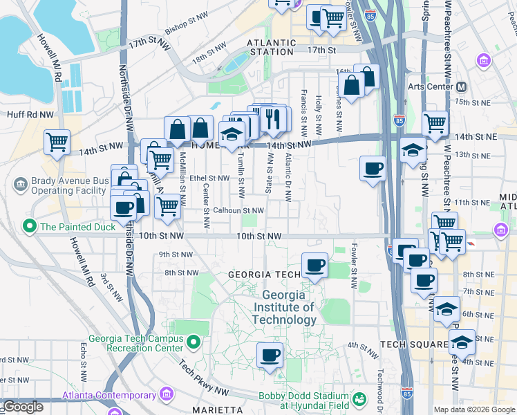 map of restaurants, bars, coffee shops, grocery stores, and more near 379 Calhoun Street Northwest in Atlanta