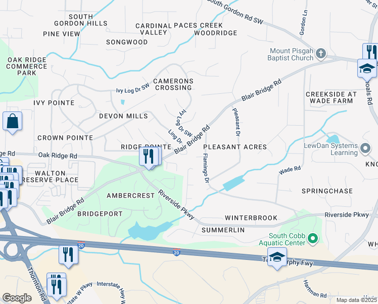 map of restaurants, bars, coffee shops, grocery stores, and more near 1209 Blairs Pointe Drive Southwest in Austell