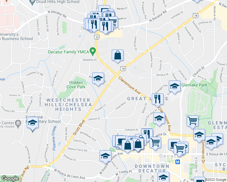 map of restaurants, bars, coffee shops, grocery stores, and more near 767 Scott Boulevard in Decatur