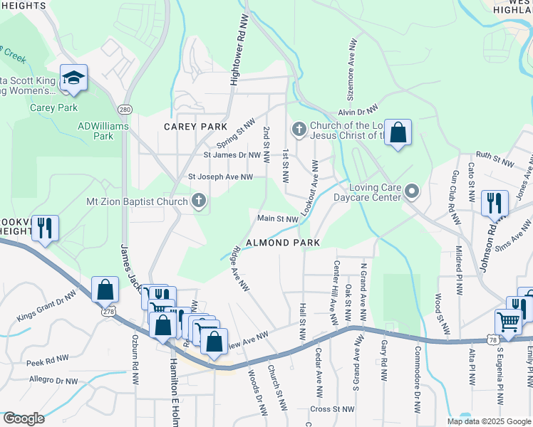 map of restaurants, bars, coffee shops, grocery stores, and more near 2443 Main Street Northwest in Atlanta