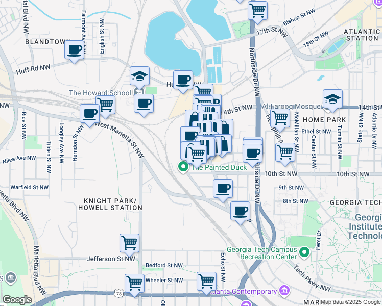 map of restaurants, bars, coffee shops, grocery stores, and more near 1050 Howell Mill Road Northwest in Atlanta